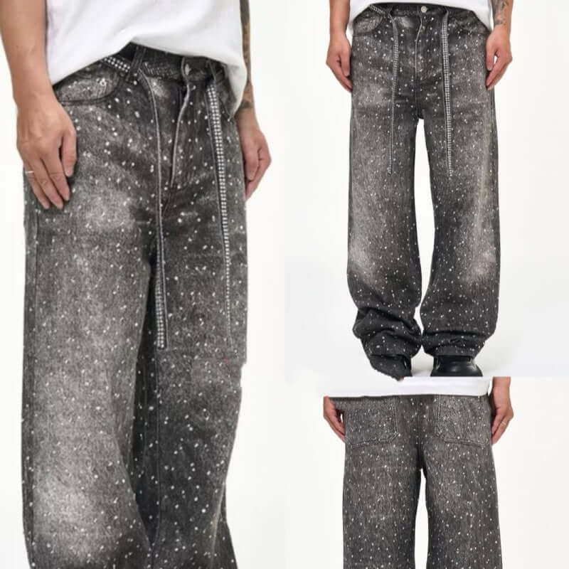 Jeans casuales con cintura de strass, pantalón de pierna recta negro ligeramente elástico para adultos jóvenes.