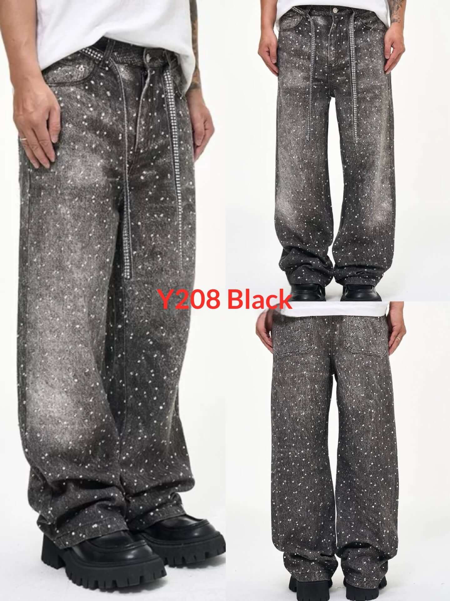 Jeans casuales con cintura de strass, pantalón de pierna recta negro ligeramente elástico para adultos jóvenes.