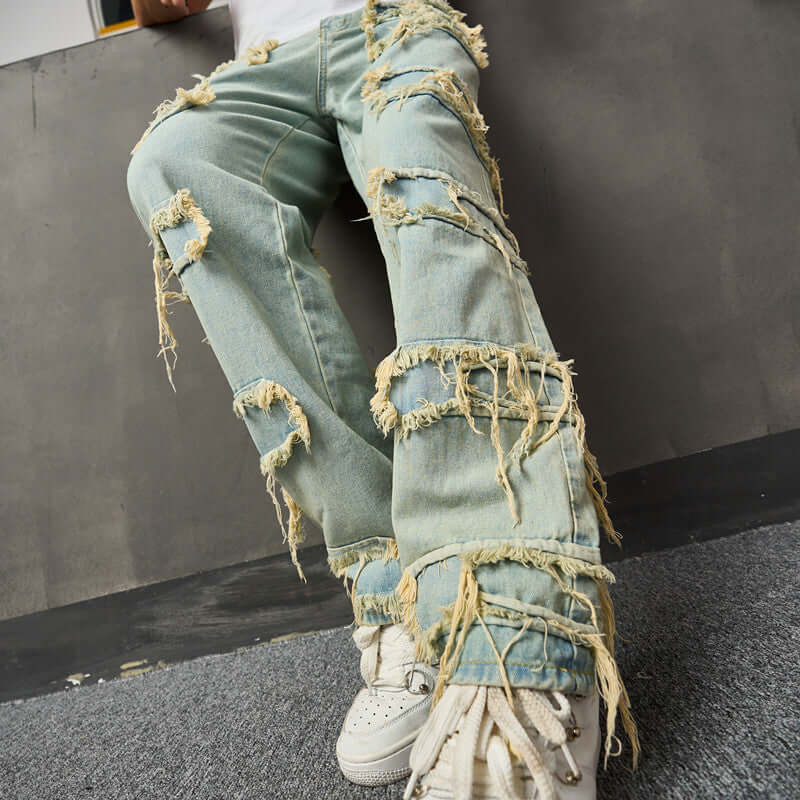  Jeans American Retro Wide Leg Jeans For Men con diseño desgastado y detalles rasgados, vista trasera