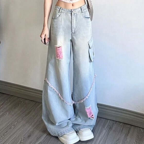 ripped cargo jeans mujer alta cintura con detalles de roturas y color azul claro