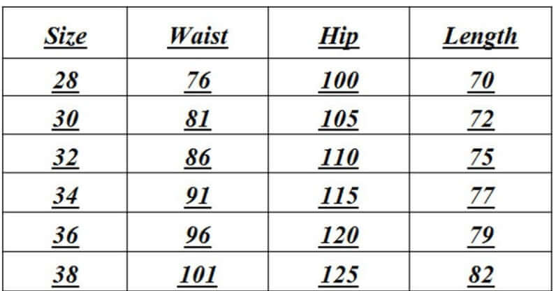 Tabla de tallas que muestra medidas de cintura, cadera y largo para Jeans American Retro Wide Leg Jeans For Men.