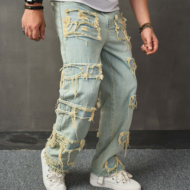  Jeans American Retro Wide Leg Jeans For Men con diseño desgastado y detalles rasgados, vista trasera