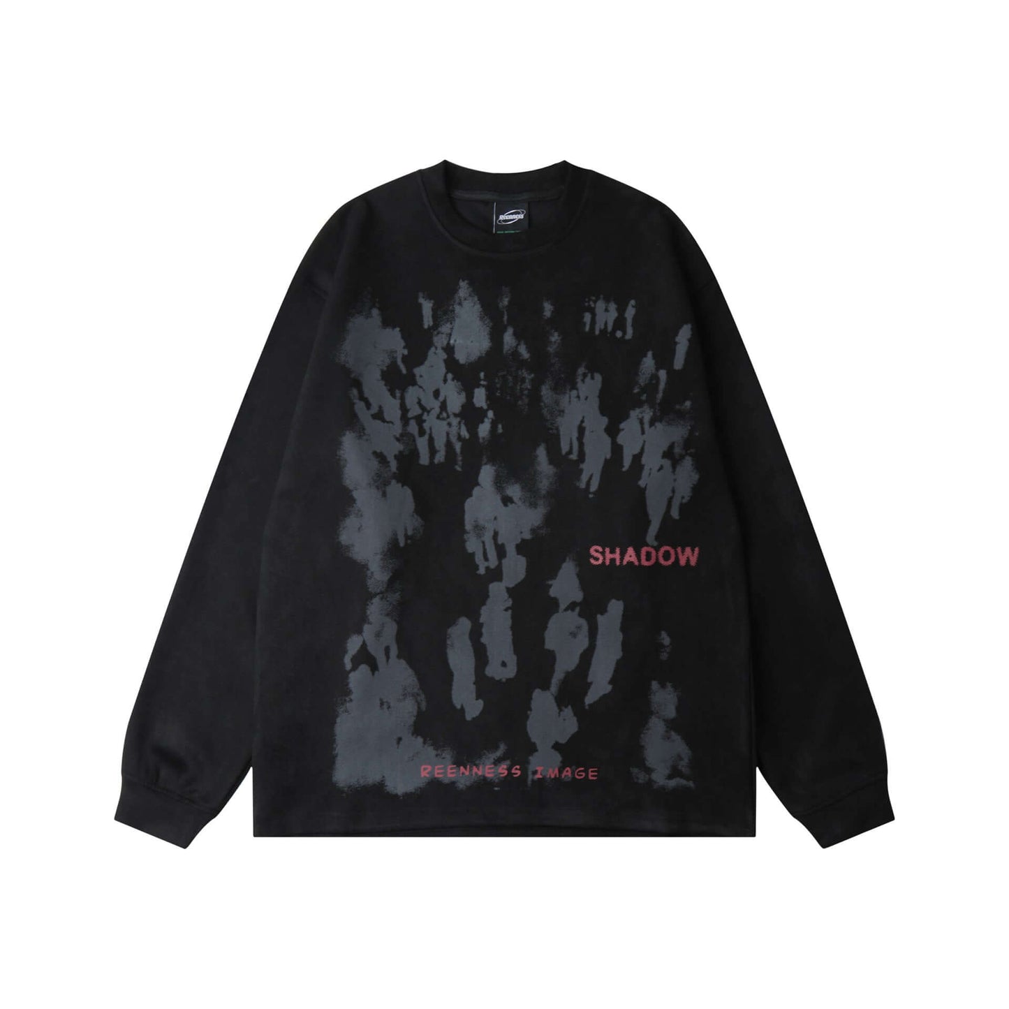 abstract heavyweight antler leather long sleeve en color negro con diseño de manchas y texto en rojo