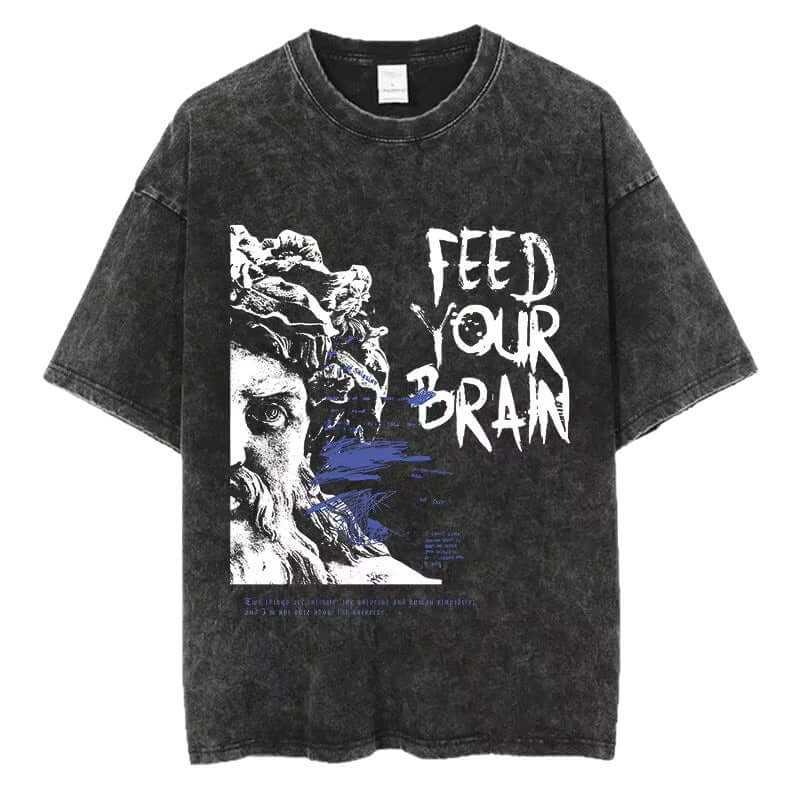 Camiseta estampada de moda masculina, Men's Fashion Washed Streetwear, con diseño gráfico 'Feed Your Brain'.