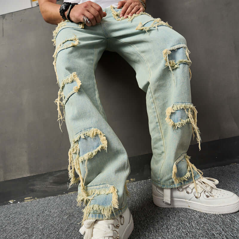  Jeans American Retro Wide Leg Jeans For Men con diseño desgastado y detalles rasgados, vista trasera