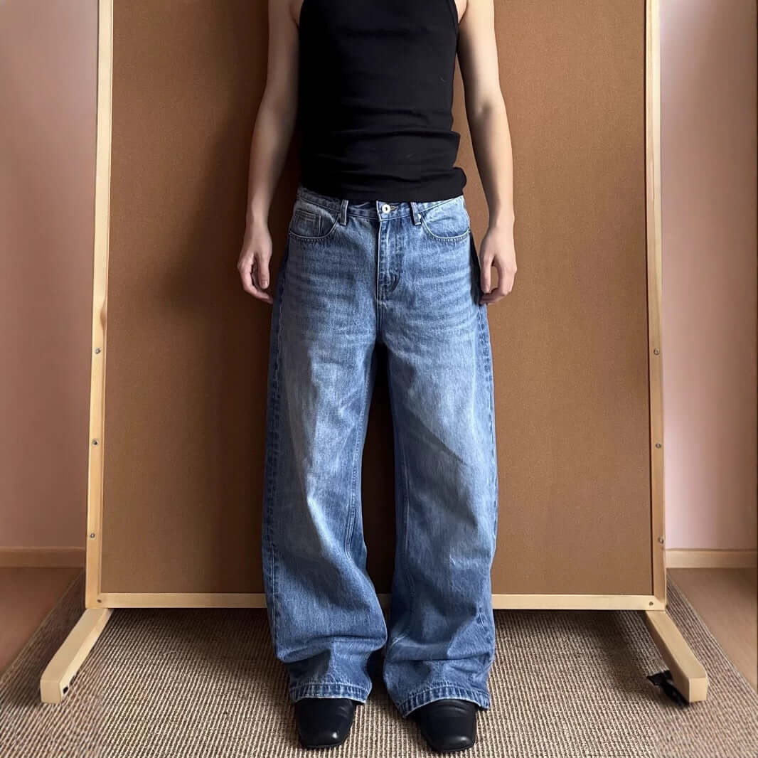 jeans para adolescentes con cintura media en color azul, pantalones de pierna recta con micro elasticidad.