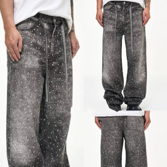 Casual Jeans With A Loose Fit And A Rhinestone-embellished Waistband
