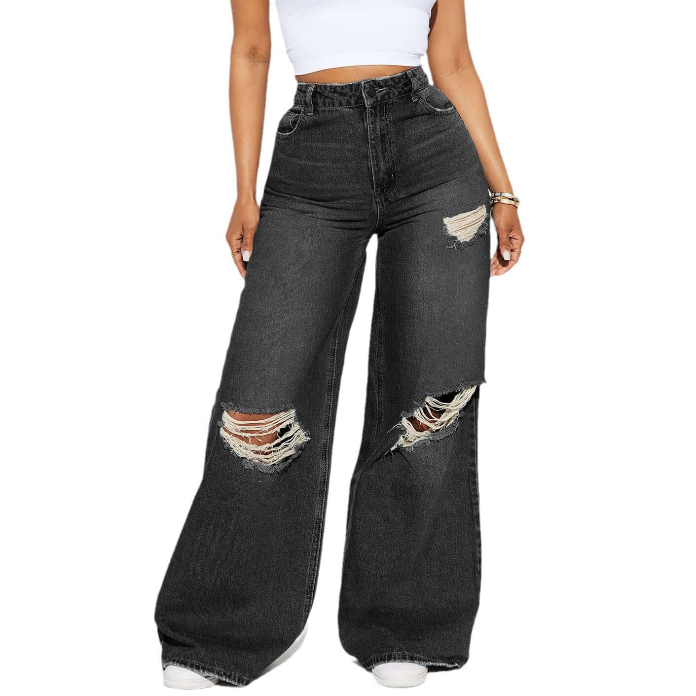 jeans de pierna ancha para mujer en color azul oscuro con detalles rasgados