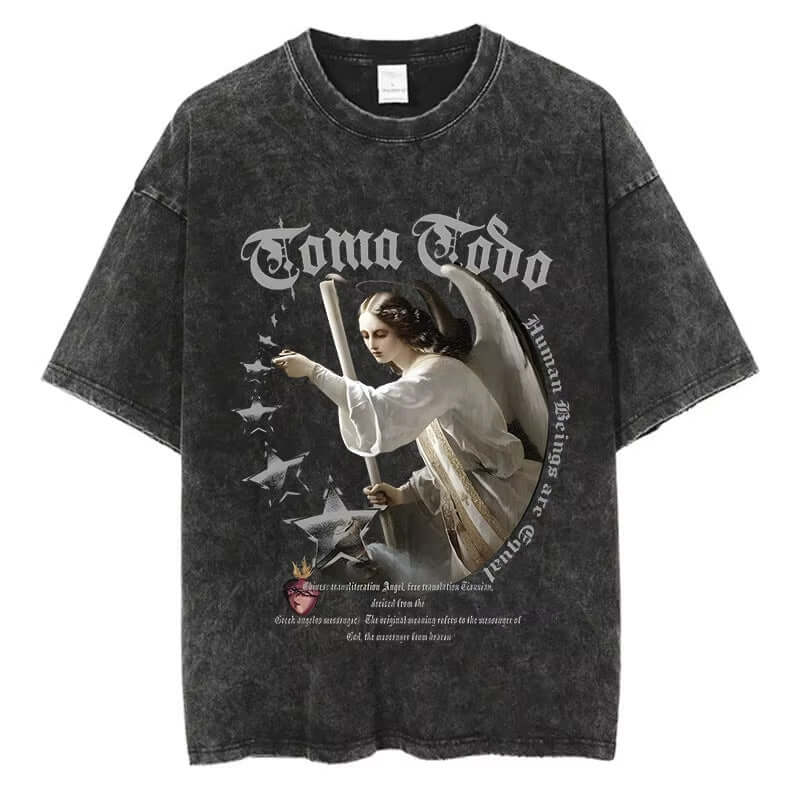 Camiseta de hombre con diseño gráfico de ángel en estilo streetwear, parte de la colección Men's Fashion Washed Streetwear.