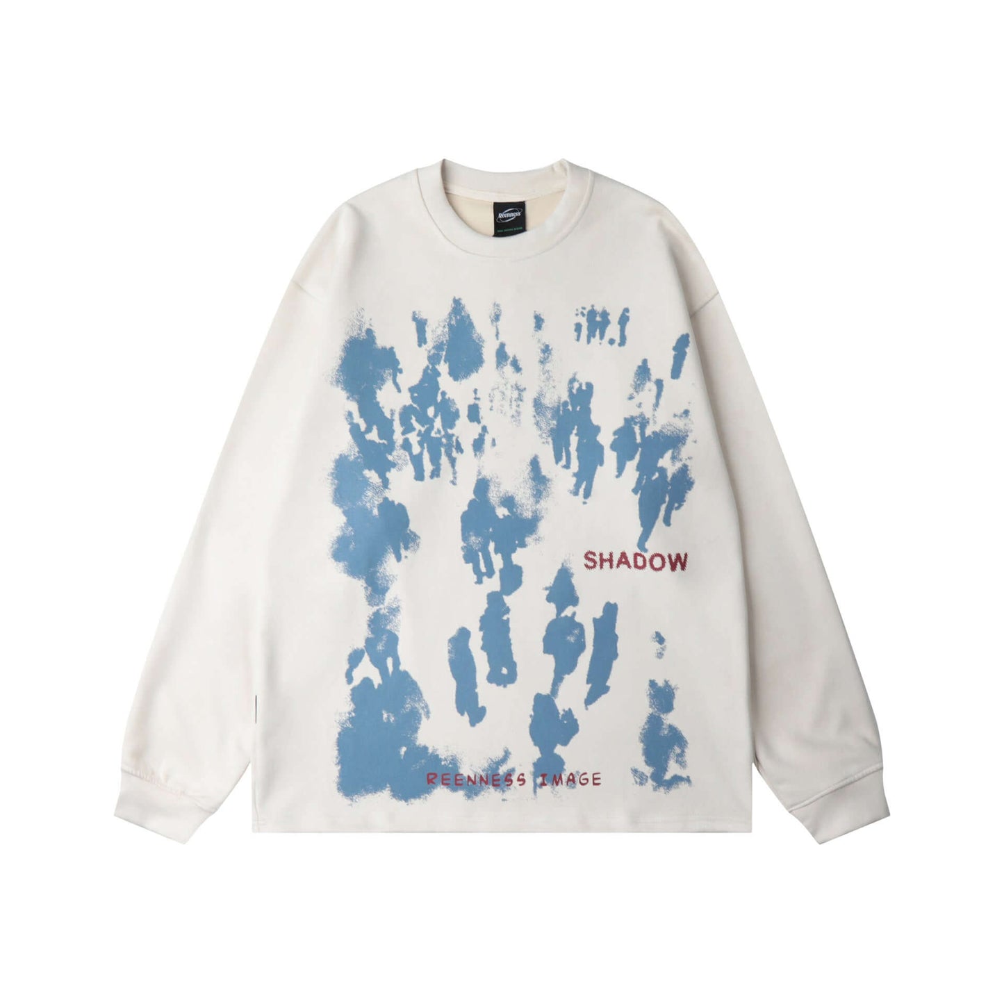 abstract heavyweight antler leather long sleeve en color blanco con diseño azul y texto 'SHADOW' en estilo moderno.