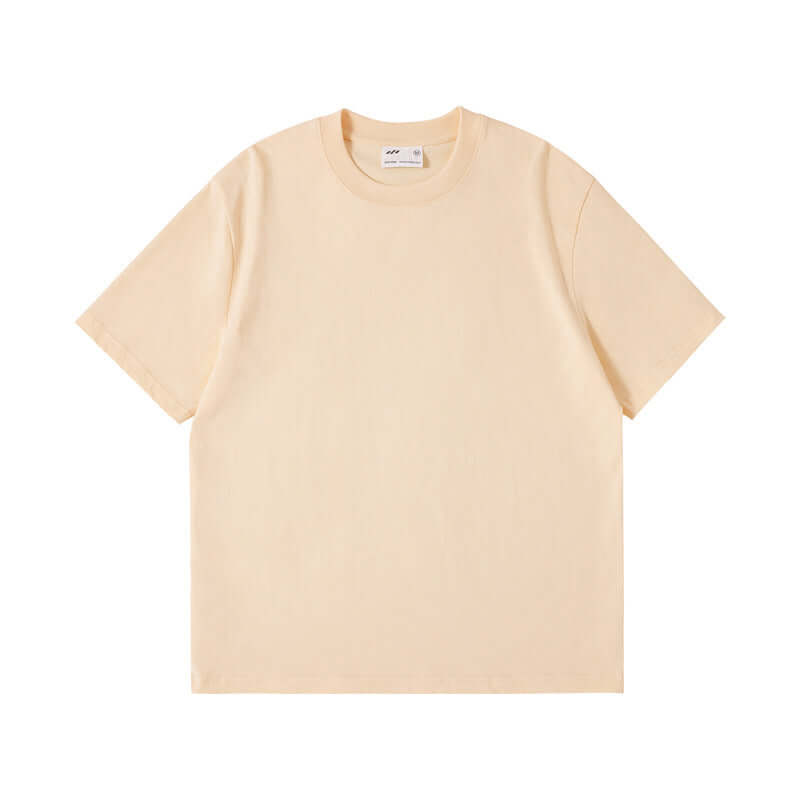 Xinjiang cotton heavyweight t-shirt en color melocotón de cuello redondo y manga corta, estilo sólido.